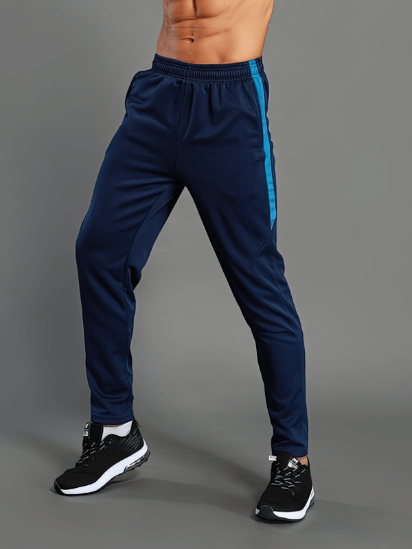 Men's navy running pants with elastic waist, designed for breathability and stretch. Ideal for serious running enthusiasts.